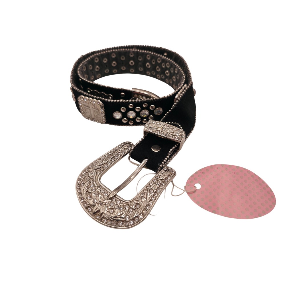 Atlas Western Belt Womens 34 Black Velvet Rhinestone Cross Studded Cowgirl Boho